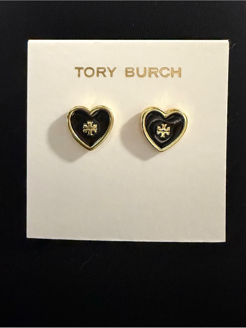 Tory Burch Heart Logo Two Gold and Black Lacquered Stud Earrings